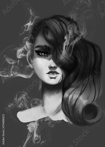 Portrait of a smoking girl from the seventies in the smoke photo