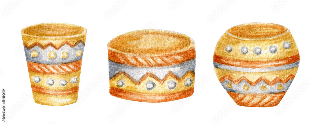 Watercolor empty flower pots set, ceramic brown clay, pottery vase ...