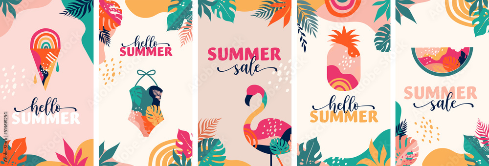 Collection of abstract background designs, summer sale, social media promotional content - obrazy, fototapety, plakaty 