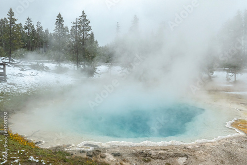 foggy landscape at hot springs in Yellowstone national Park