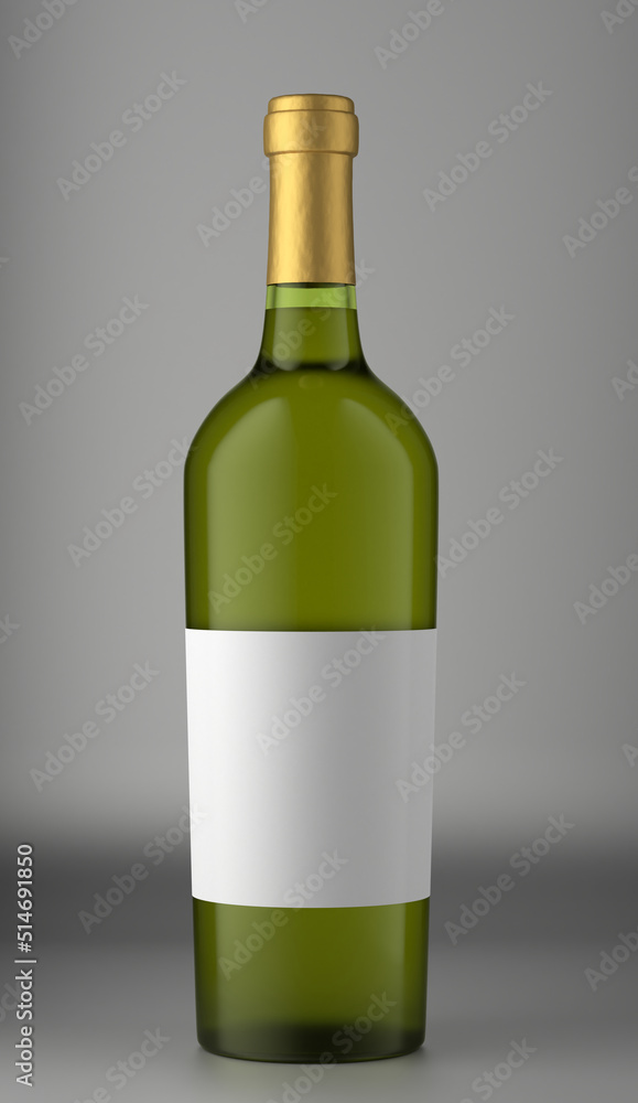 Green bottle with wine on a gray background. Green bottle with ethics for your design. 3d render. Green bottle with wine on a gray background. Green bottle with ethics for your design. 3d render.