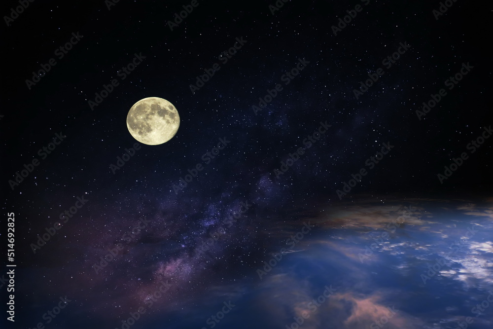 Fototapeta premium big moon on night blue starry sky dramatic clouds nebula and milky way universe space 