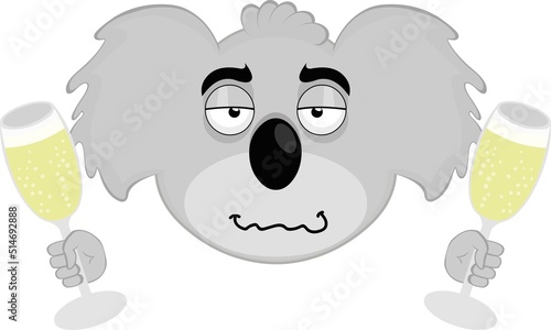 Vector illustration of the face of a cartoon koala, drunk with glasses of champagne or cider in his hands