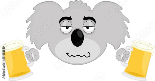 Vector illustration of the face of a drunk cartoon koala with beers in his hands