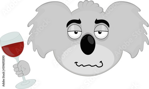 Vector illustration of the face of a drunk cartoon koala bear, with a glass of wine in his hand