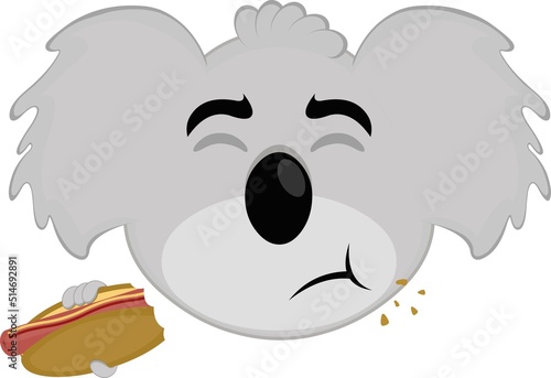 Vector illustration of the face of a cartoon koala eating a hot dog