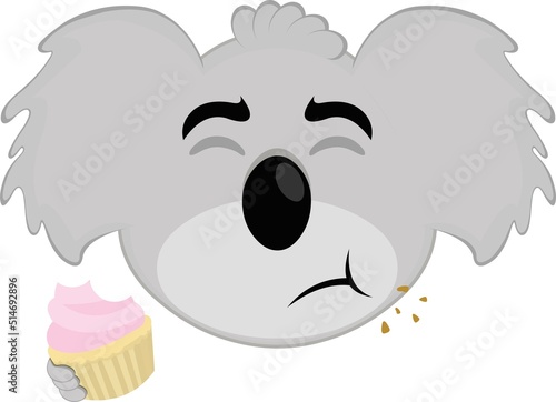Vector illustration of the face of a koala cartoon eating a cupcake or muffin