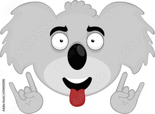Vector illustration of the face of a koala cartoon with a cheerful expression, making the classic heavy metal gesture with hands and tongue out