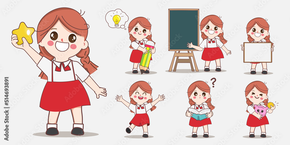 Cute cartoon doodle girl student character study in the classroom at the school pose set. Cute cartoon doodle girl student character study in the classroom at the school pose set.