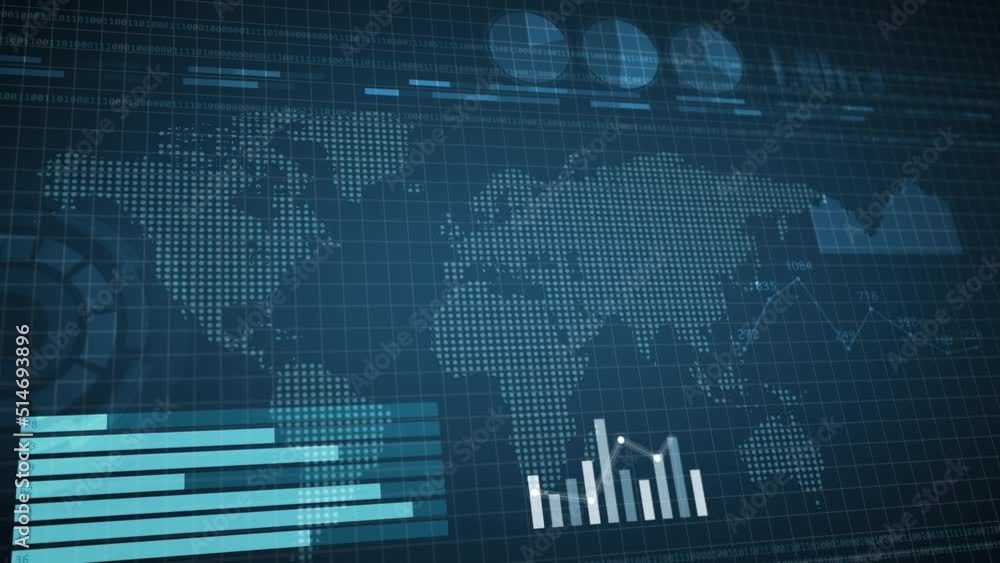 Smooth panning shot of digital screen with financial graphs growing. 4K animation of global economic trends. Smooth panning shot of digital screen with financial graphs growing. 4K animation of global economic trends.