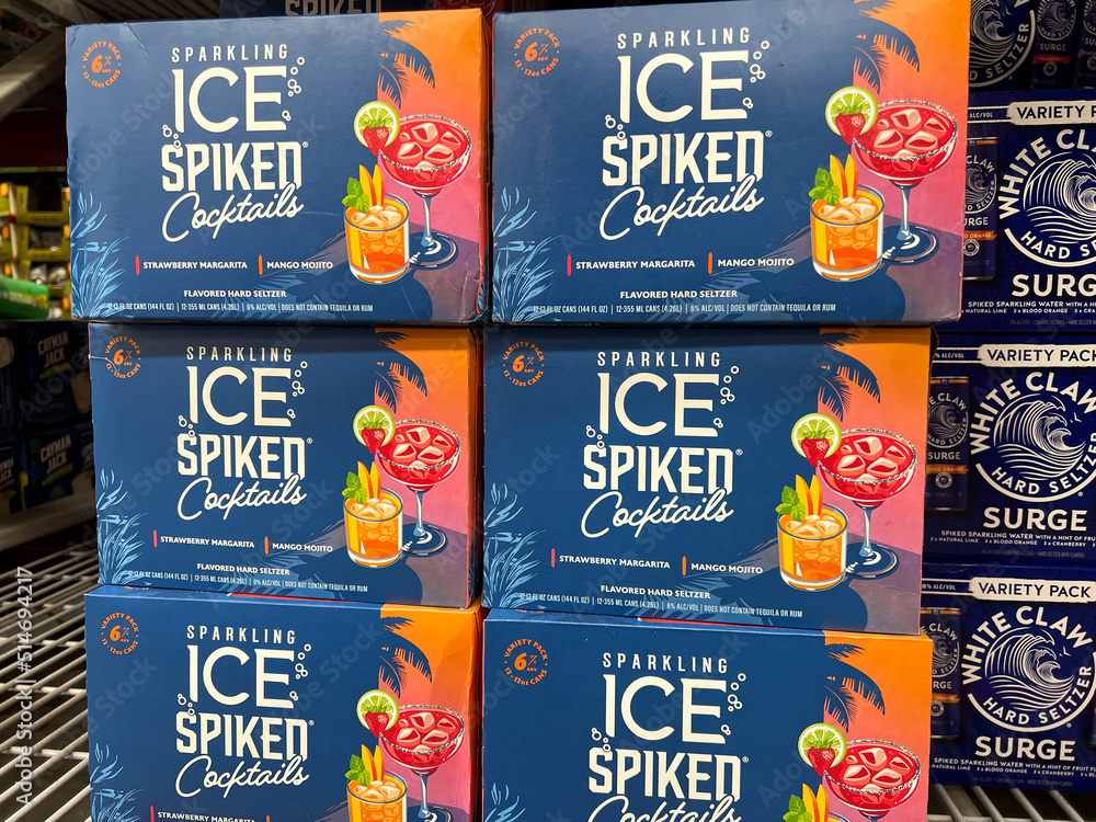 A display boxes of Sparkling Ice Spiked Cocktails Hard Seltzer for sale at a Sams Club in