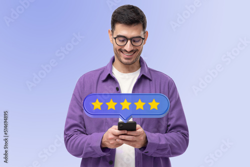 Five star rating icon and customer giving excellent feedback via phone app photo
