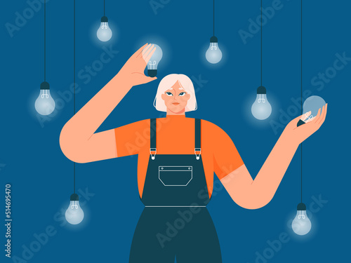 Creative idea, choice concept. Woman holding a bright glowing light bulb. Creativity, thinking, business innovation. Generating innovative ideas. Flat vector illustration  