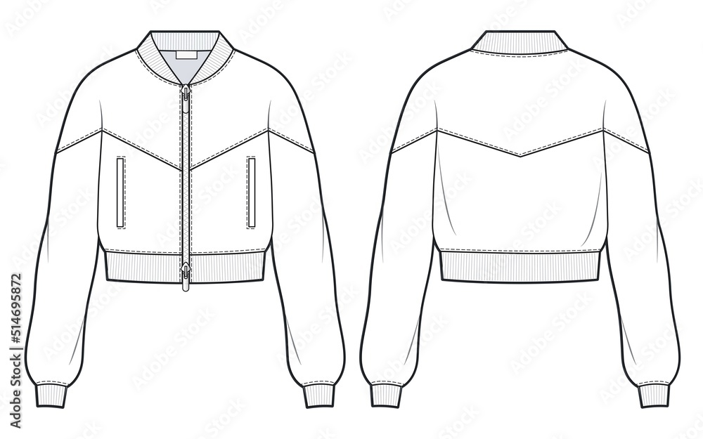 Unisex Zip-up Bomber Jacket fashion flat technical drawing template. Girl's  apparel jacket template front and back, white color. Women's CAD mock-up.  Stock Vector | Adobe Stock