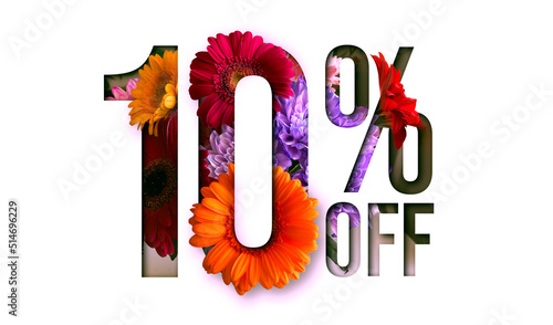 Flowers spring sale 10 percent off. Paper cut with flowers and leaves sale 10% on white background. Unique selling background for flyer, poster, shopping, for symbol sign, discount, selling, banner. photo