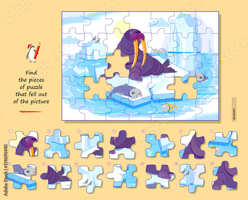 Logic game for children and adults. Find pieces of puzzle that fell out of picture. Page for kids brain teaser book. Task for attentiveness. Developing spatial thinking. Play online. Vector image.