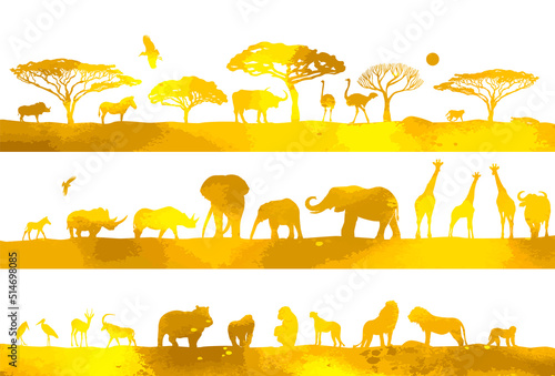 African Yellow landscape with animals. Vector illustration