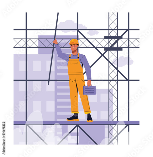 Scaffolding worker concept. Man in protective helmet with briefcase helps to build house or large building. Architecture, builder. Industrial poster or banner. Cartoon flat vector illustration