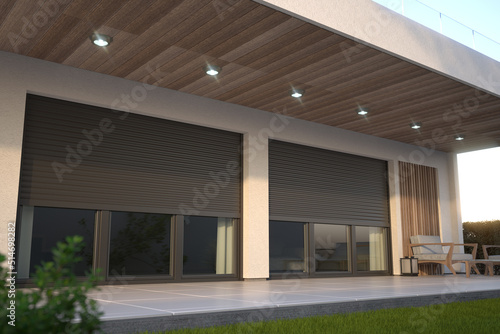 Fotografie Window roller illustration - modern house with terrace, 3D illustration
