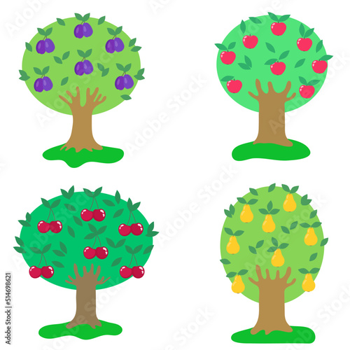 Fruit tree flat set. Trees in cartoon style. Different trees with ripe fruits apple, plum, pear, cherry