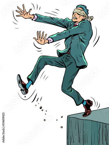 blind businessman step into the abyss. Dangerous decisions. Bandage on the eyes