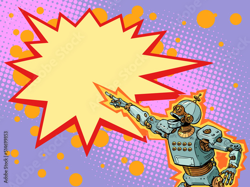 artificial intelligence robot point with their hand. Template advertising announcement news sale. Pop art style