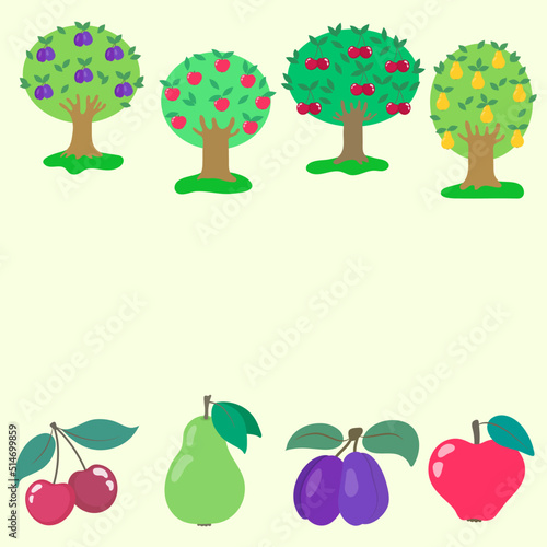 Matching game, education game for children. Match the right object. Plants. apple tree, pear tree, cherry tree, plum tree. Fruit trees and their harvest