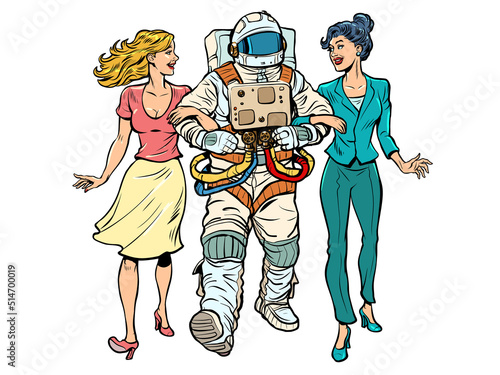 Date. A astronaut with two girls. Unconventional marriage. Friends are walking