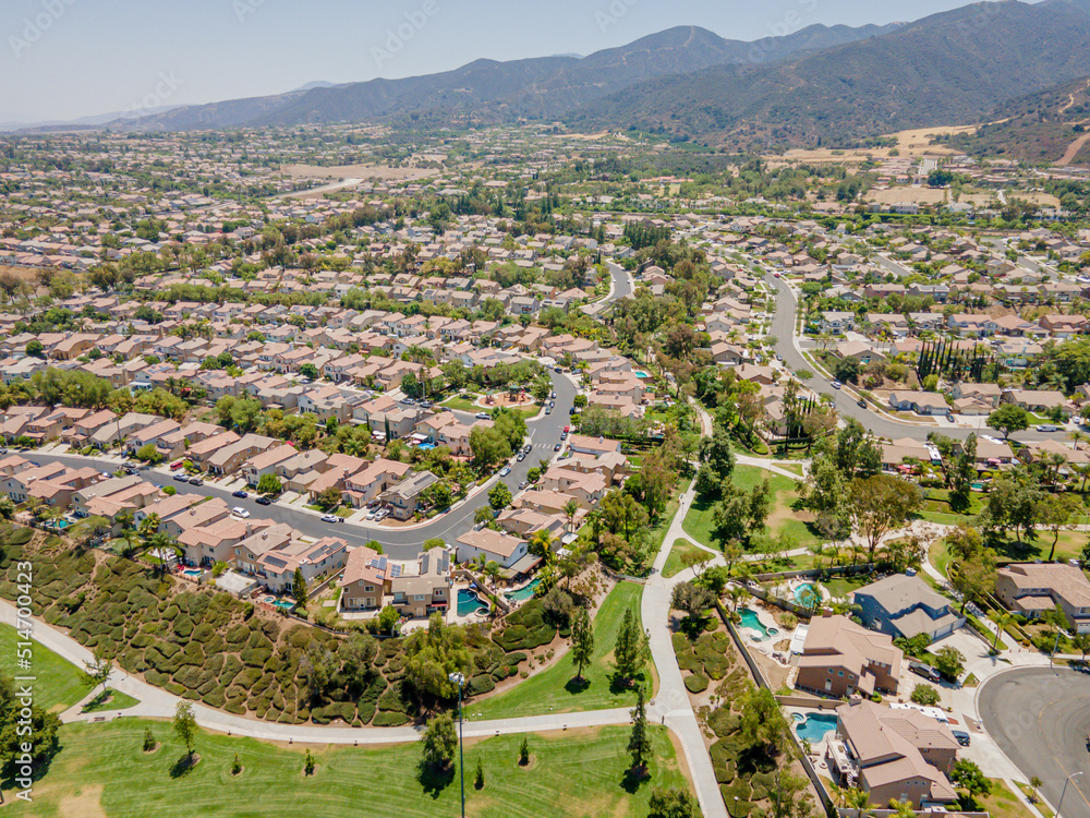 Los Angeles, California, USA – June 29, 2022: Aerial Drone View of Corona City, CA around Upper Dr and Foothill Pkwy
