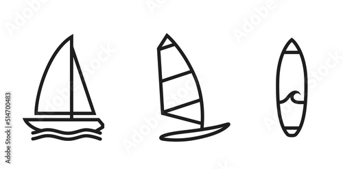 windsurfing, surfing and yacht line icons. summer water sports. sea vacation symbols