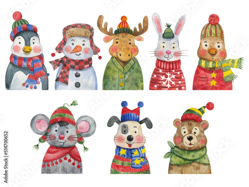 Cute animals in winter costumes hand-drawn in watercolor. Mouse, raccoon, puppy and squirrel in scarves and hats. Characters isolated on white background.