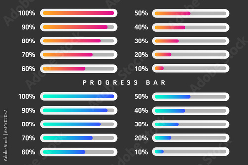 Progress bar. Step process graphic indicator design, app abstract interface element, website color download stage. Vector infographic set