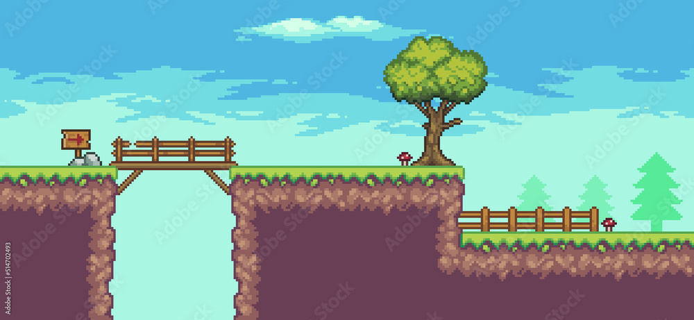 Pixel art arcade game scene with tree, bridge, fence, wooden board, and