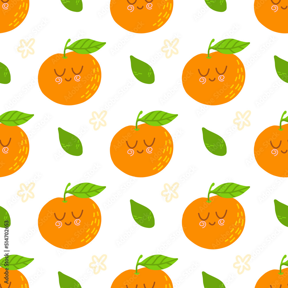 Mandarins seamless pattern for print, textile, fabric. Modern hand drawn stylized citrus fruits background Mandarins seamless pattern for print, textile, fabric. Modern hand drawn stylized citrus fruits background