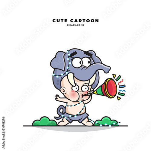 Cute cartoon character of baby wearing elephant costume blow the trumpet