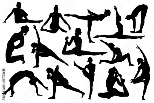 Silhouettes of women doing Yoga. Collection of poses. Vector illustration. white background.