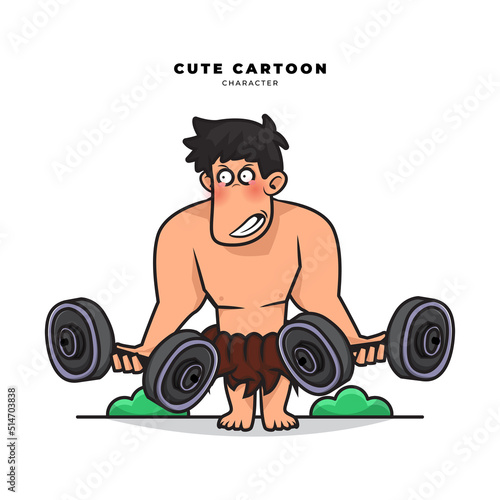 Cute cartoon character of neanderthals caveman is listing the barbell
