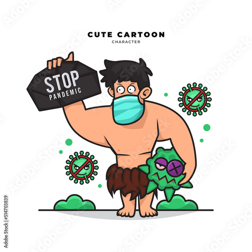 Cute cartoon character of neanderthals caveman is holding stop pandemic covid-19 sign