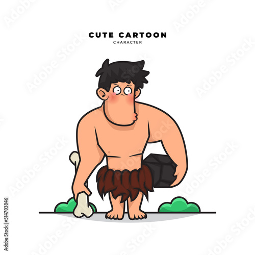 Cute cartoon character of neanderthals caveman is holding bone and stone