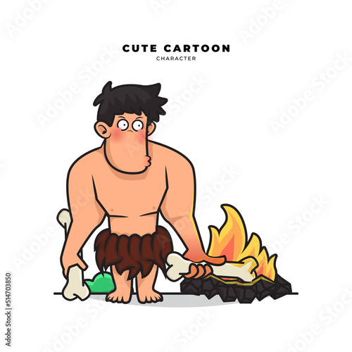 Cute cartoon character of neanderthals caveman is burns bones