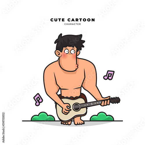 Cute cartoon character of neanderthals caveman is playing guitar
