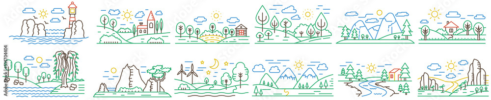 Color line different mini scenes landscapes set with mountains, forest fields and river vector illustration. Color line different mini scenes landscapes set with mountains, forest fields and river vector illustration.