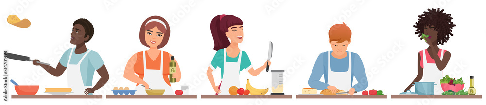 Diverse people cooking healthy food in kitchen set vector illustration. Cartoon woman and man in apron bake pancakes, cook salad or soup for family, cut bread isolated on white. Culinary concept Diverse people cooking healthy food in kitchen set vector illustration. Cartoon woman and man in apron bake pancakes, cook salad or soup for family, cut bread isolated on white. Culinary concept