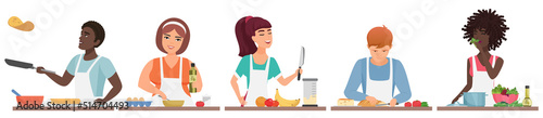 Diverse people cooking healthy food in kitchen set vector illustration. Cartoon woman and man in apron bake pancakes, cook salad or soup for family, cut bread isolated on white. Culinary concept