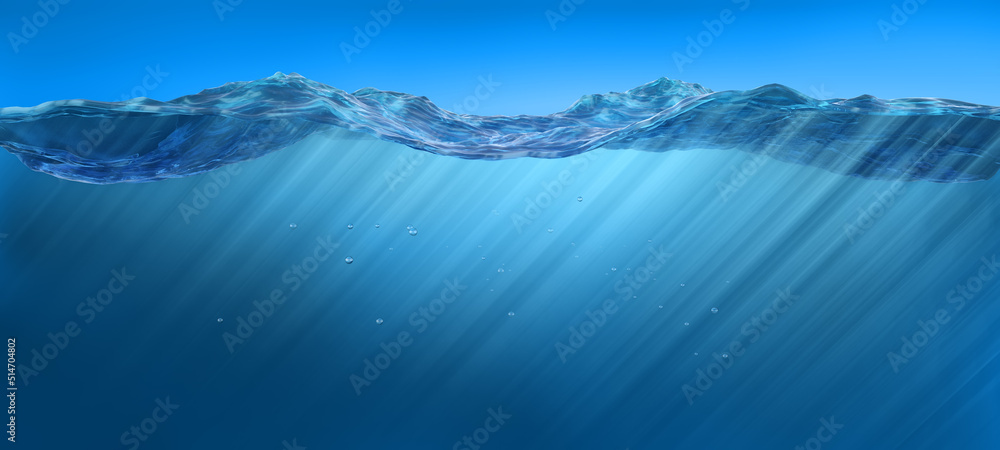 Ocean Water Line with ripples and sunrays underwater Stock Illustration ...
