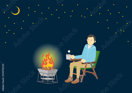 キャンプイラスト_ソロキャンプ_夜_カラー
