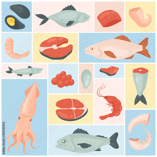 Seafood set for restaurant organic menu vector illustration. Cartoon marine food ingredient collection with fresh raw shrimp salmon octopus squid oyster tuna caviar in geometric collage background