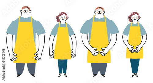 黄色いエプロンを付けた男女のスタッフまたは店員　セット　イラスト素材
