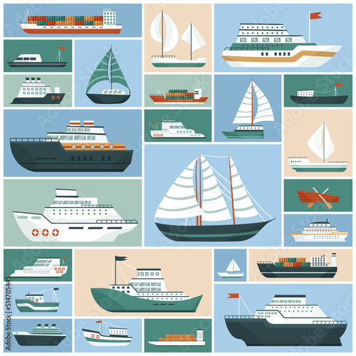 Ships set vector illustration. Cartoon collection with sea boat and yacht, cargo delivery transport with containers and ocean cruise liner, fishing sailboat and tanker in geometric collage background