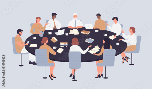 Business people sit around table in chairs to discuss ideas. Cartoon team of employees brainstorming on conference in office, politicians conversation flat vector illustration. Teamwork concept